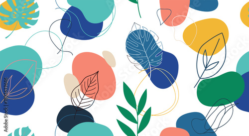 A vibrant abstract pattern featuring organic shapes and botanical elements in a lively color palette perfect for decorative and design applications.