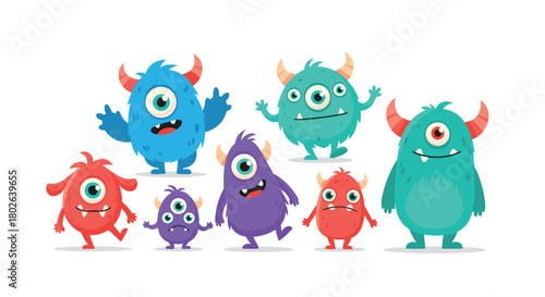 A collection of cute and colorful cartoon monsters with horns and big eyes standing together.