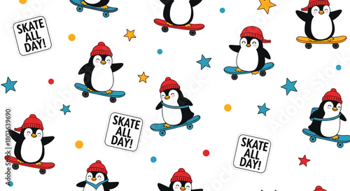 Cute cartoon penguins wearing red caps skateboarding and having fun all day long surrounded by colorful stars and dots.
