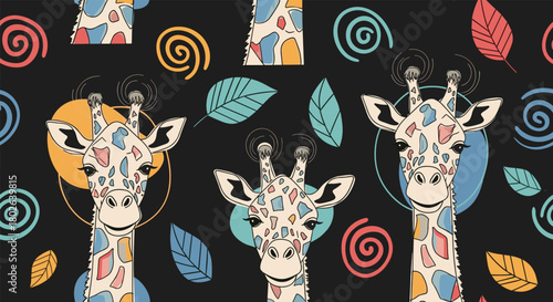 A vibrant collection of playful giraffe faces with colorful abstract patterns and swirling motifs set against a dark background.