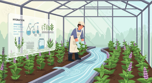 Innovative greenhouse management showcasing automated irrigation and plant monitoring