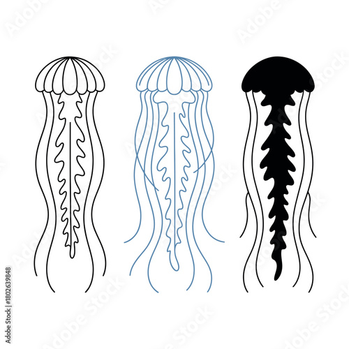 Three stylized illustrations of jellyfish in outline, blue line art, and solid black.