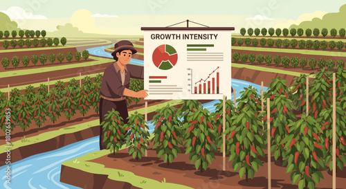 Agricultural Growth Analytics: Farmer presenting data on cultivated chili field