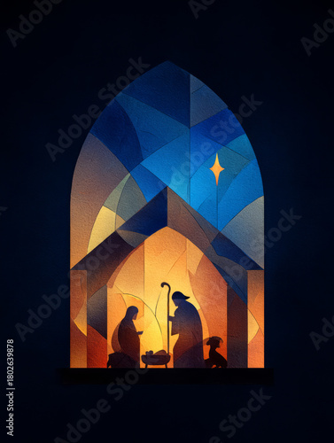 A minimalist, glowing stained glass nativity scene in silhouette, with Mary Joseph shepherd baby Jesus under a simple star of Bethlehem stable, holy night with soft warm gradient of deep blue and gold
