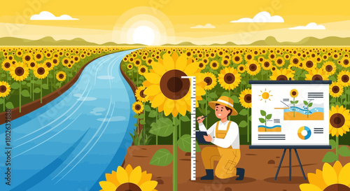 Agronomist Examining Sunflower Growth and Irrigation Techniques Illustration