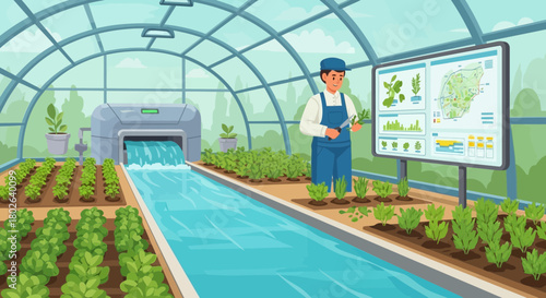 Modern greenhouse with hydroponic system and technological monitoring screen