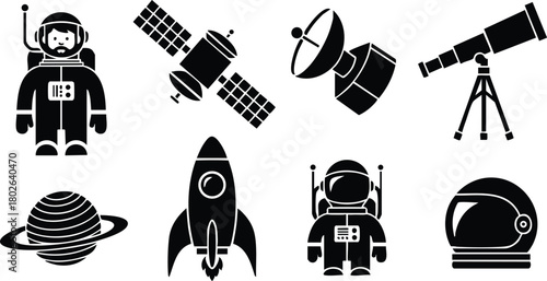 Space exploration icons set with astronauts rocket satellite telescope and planets vector illustration 