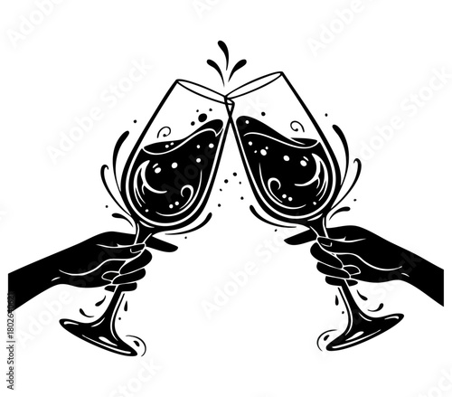 Cheers clink. Elegant celebration toast graphic. Wine glasses clinking. Stylized toast. Two woman hands of celebration. Black silhouette of wine glasses in dynamic cheers. Clink and Splatter