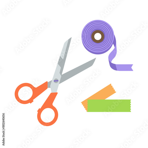 Gift wrapping tools including scissors, ribbons, and decorative tape  