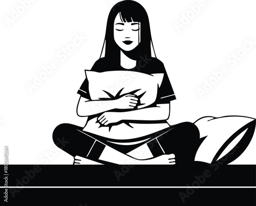 Woman Sitting Cross Legged on Bed Holding Pillow Relaxing at Home Vector Illustration 