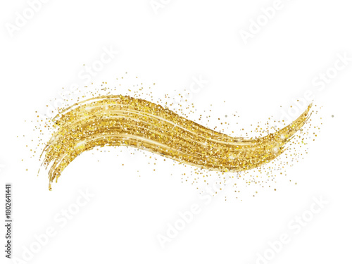 Golden glitter brush stroke isolated on white background. Shiny metallic paint texture for luxury design, festive decor, or elegant holiday invitation. PNG transparent background.