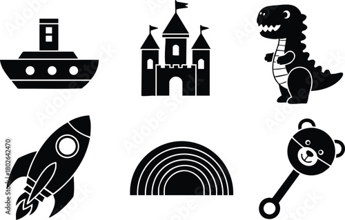 Silhouette vector icons of boat castle dinosaur rocket rainbow and teddy bear rattle for children play and imagination 