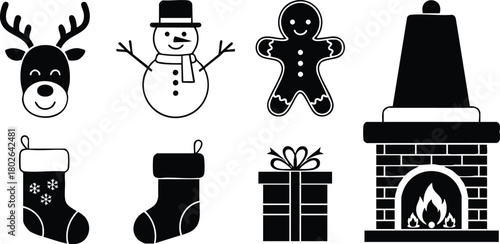 Christmas holiday icons including reindeer, snowman, gingerbread man, stocking, gift, and fireplace vector set in black and white 