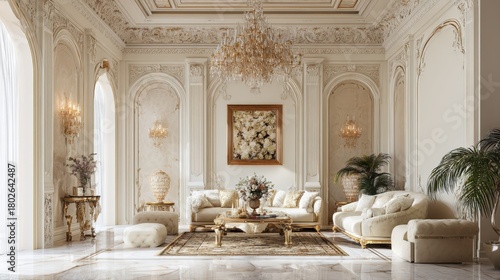 baroque living room or reception hall with ivory white walls and intricate gold trim. Features antique furniture, a crystal chandelier, and large arched windows, conveying classic luxury.
