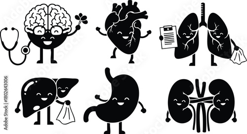Cute Human Organs Cartoon Set with Brain Heart Lungs Liver Stomach and Kidneys Vector Illustration 