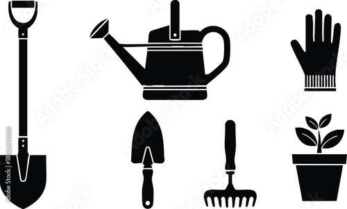Gardening tools set with shovel, watering can, gloves, trowel, rake, and potted plant vector illustration for planting and garden care 