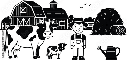 Farm scene with barn cow calf farmer watering can and haystack in black and white vector illustration 