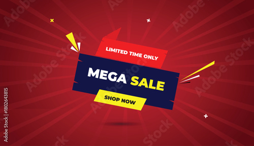 mega sale limited time shop now web banner vector art template design badge icon label deep blue red yellow shapes white bold text dark red light sun shine abstract business promotion background creat