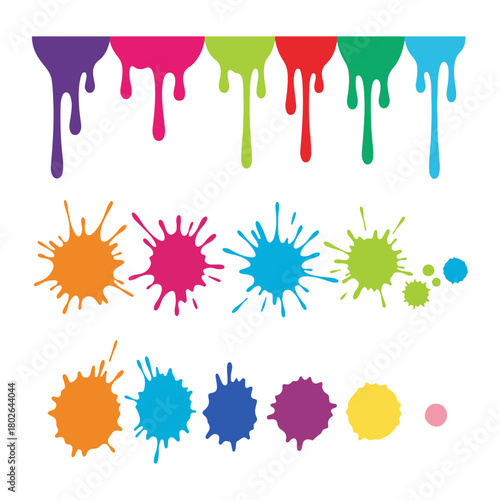 Vector Set of Colorful Paint Drips, Liquid Splashes, and Abstract Art Burst Elements