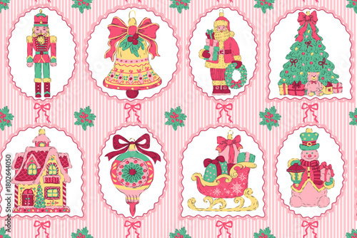 Retro Christmas pattern. Seamless design with bows, Christmas tree, sleigh, bell, bauble, Santa Claus, nutcracker, gingerbread house, snowman. Pink and green and white colors. Vintage ornaments.