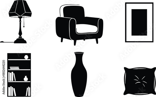 Home interior furniture and decoration icons including lamp armchair bookshelf vase and cushion vector illustration 