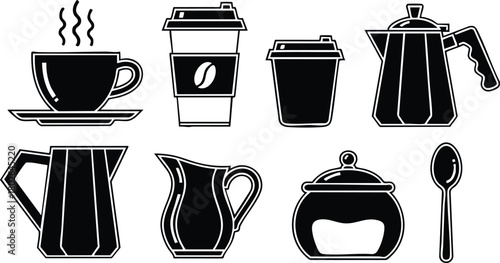 Coffee brewing set with steaming cup, takeaway cup, pot, milk jug, sugar bowl, and spoon vector illustration in black and white 