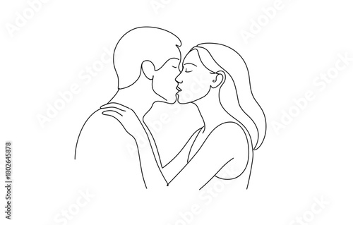 Romantic couple in love sharing a kiss in minimalist line art drawing