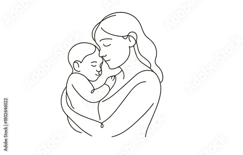 Tender moment of mother and baby in minimalist line art