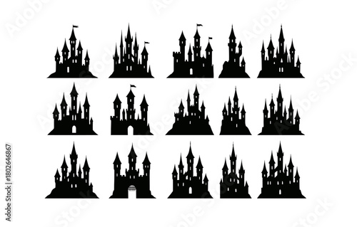 Collection of medieval castle silhouettes in various styles