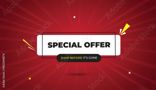 special offer shop before its gone web banner vector art template design badge icon label white black gray shapes yellow bold text dark red light sun shine abstract business background sale promo deal