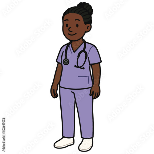 Illustration of a smiling african american female nurse with a stethoscope, wearing purple scrubs, standing