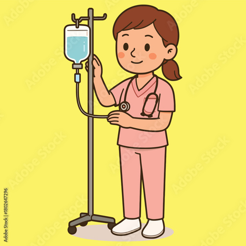 Professional female nurse cartoon character illustration with stethoscope and iv pole providing essential medical assistance