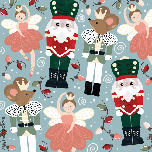 festive seamless pattern featuring nutcracker soldiers, fairy ballerinas, mouse king in crown, and christmas lights on a soft blue background. whimsical and charming holiday design in cartoon style