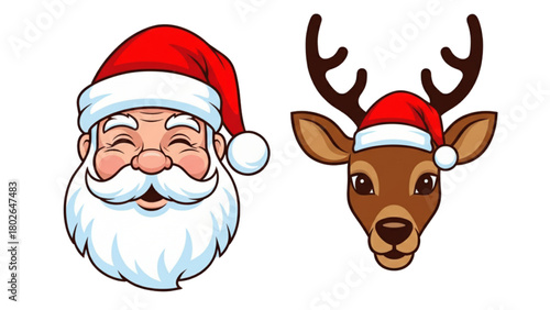 Cartoon Santa Claus and Reindeer Faces with Santa Hats, Christmas Vector Set