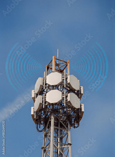 Cellular 5G Antenna Tower Emitting Radio Waves Against Clear Blue Sky Midday Communication Networks