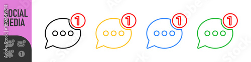 Set of notification icons for email, bell, and chat message with red alert or notification badge (number one). Perfect for new messages, alerts, and updates, social media, communication icons