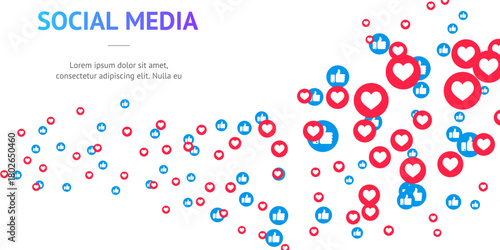 Social Media Engagement Flow Dynamic Like and Love Reaction Icons in Streaming Pattern for Digital Marketing Backgrounds and Viral Campaign Graphics