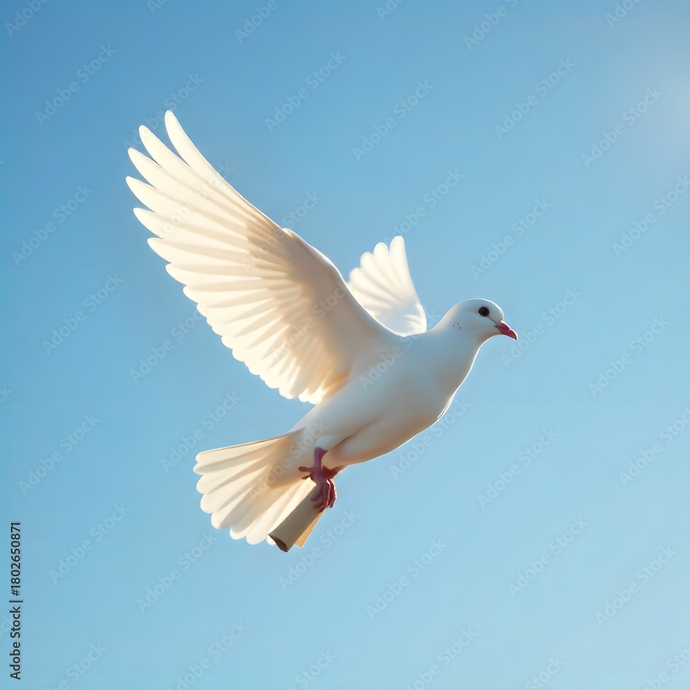 Obraz premium White dove flying under blue sky high resolution photo