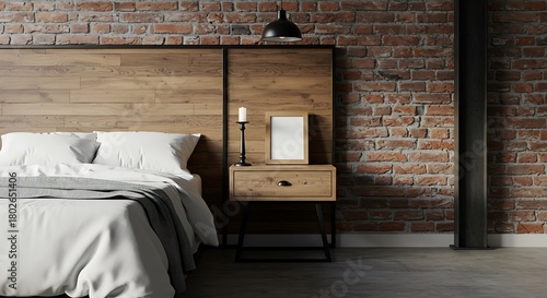 Modern Bedroom Interior with Brick Wall and Wooden Headboard