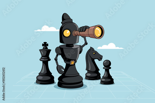 Robot chess rook with telescope searching for future strategy and foresight