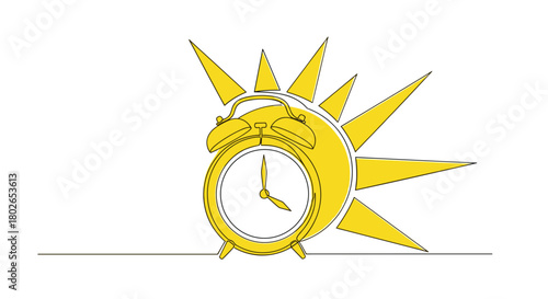 Alarm clock with sun continuous line art filled with yellow, energetic mood, early rising and morning routine concept, productive day, with copy space