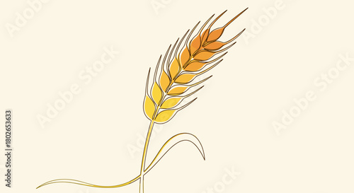 Wheat stalk, abundant and golden, continuous line art filled with yellow, harvest and agricultural concept with copy space