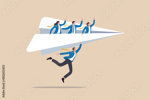 Businessman launching paper plane with team, achieving success