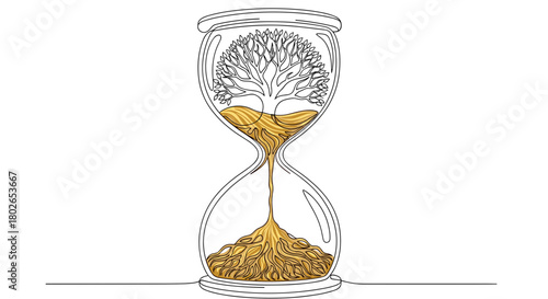 Hourglass with sand forming tree of life continuous line art filled with golden sand color, reflective mood, concept of growth over time, with copy space