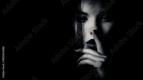 portrait of a mysterious woman whispering into the void, half her face fading into darkness, surreal emotional tone, chiaroscuro style, 