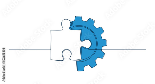 Puzzle piece merged with gear continuous line drawing filled with corporate blue, collaborative mood, perfect fit, innovation and teamwork concept, with copy space