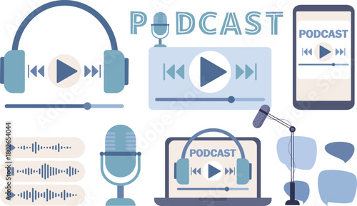 Audio Production Toolkit Podcast and Recording Equipment Icons with Media Players and Sound Wave Elements for Digital Content Creation