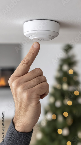 Ensuring safety: testing smoke detector indoors near decorated christmas tree