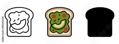 Avocado Toast in Various Styles: Outline, Colored, and Silhouette Illustrations