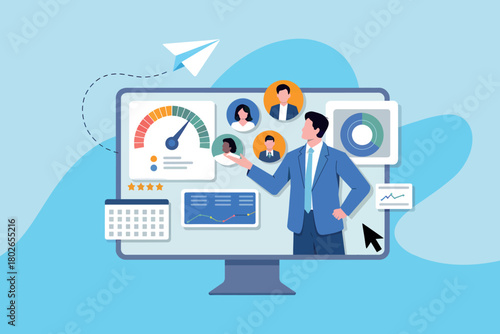 Businessman analyzing team performance data on a digital dashboard